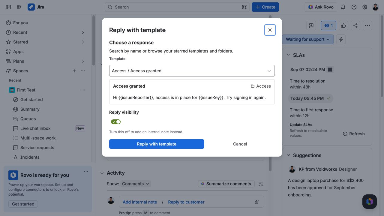 CloseReply reply dialog on a Jira Service Management work item