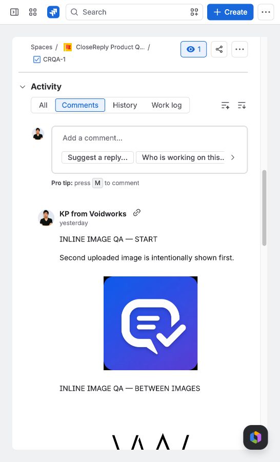 A Jira comment sent by CloseReply with an inline image between two paragraphs