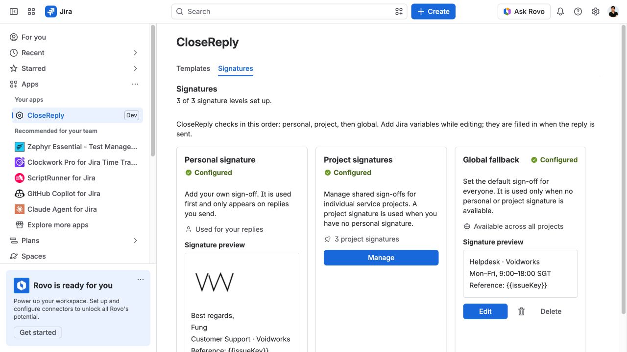 CloseReply signature overview with personal, project, and global fallback cards