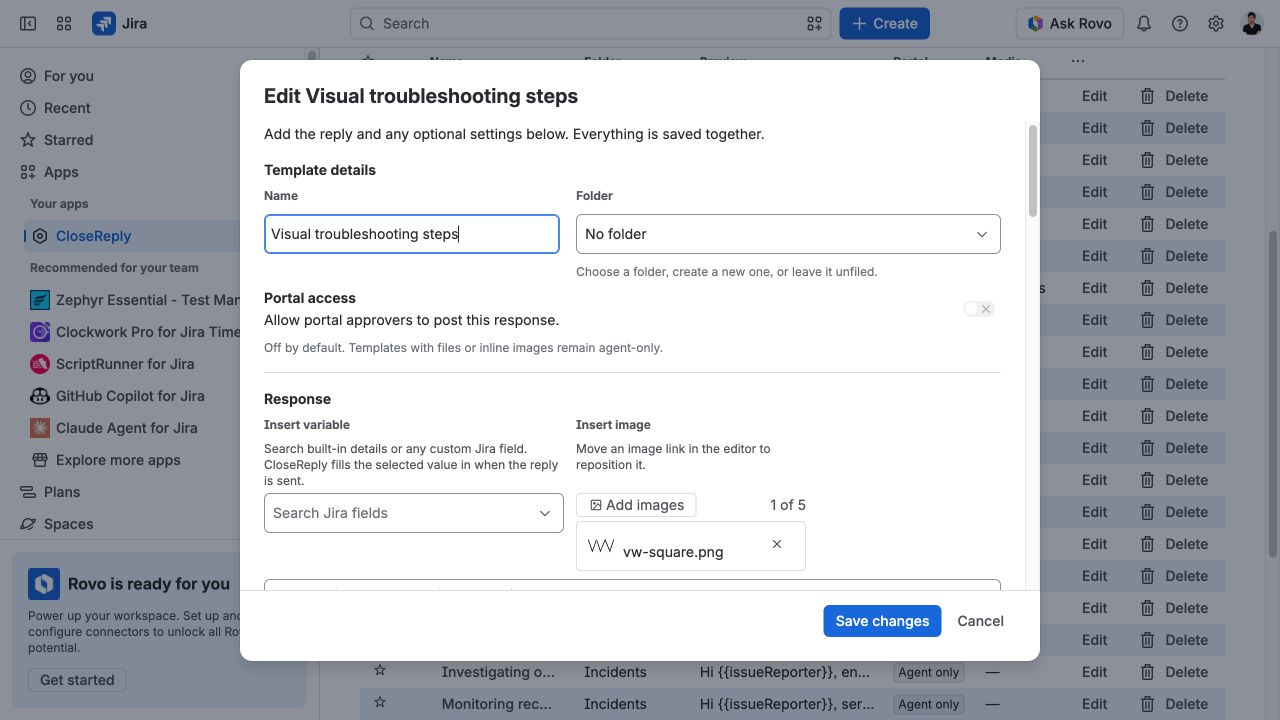CloseReply template editor with template details, Jira variable search, and compact inline image controls