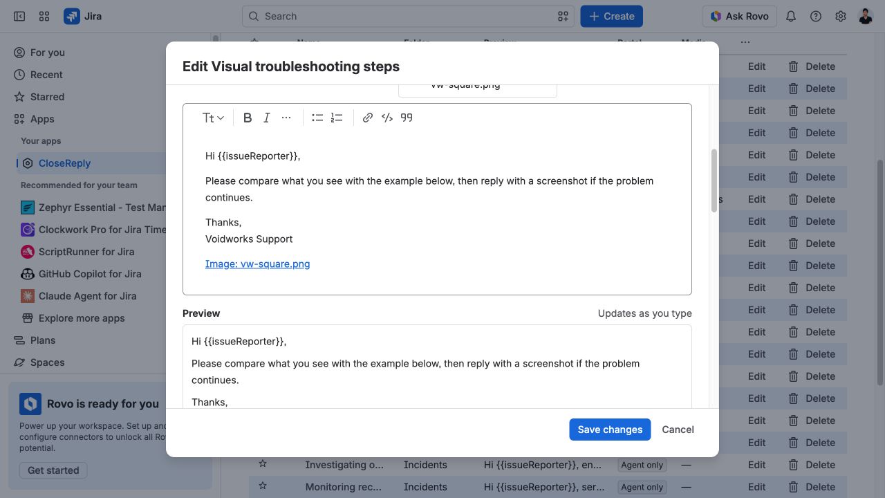 CloseReply editor and a live preview updating beneath it