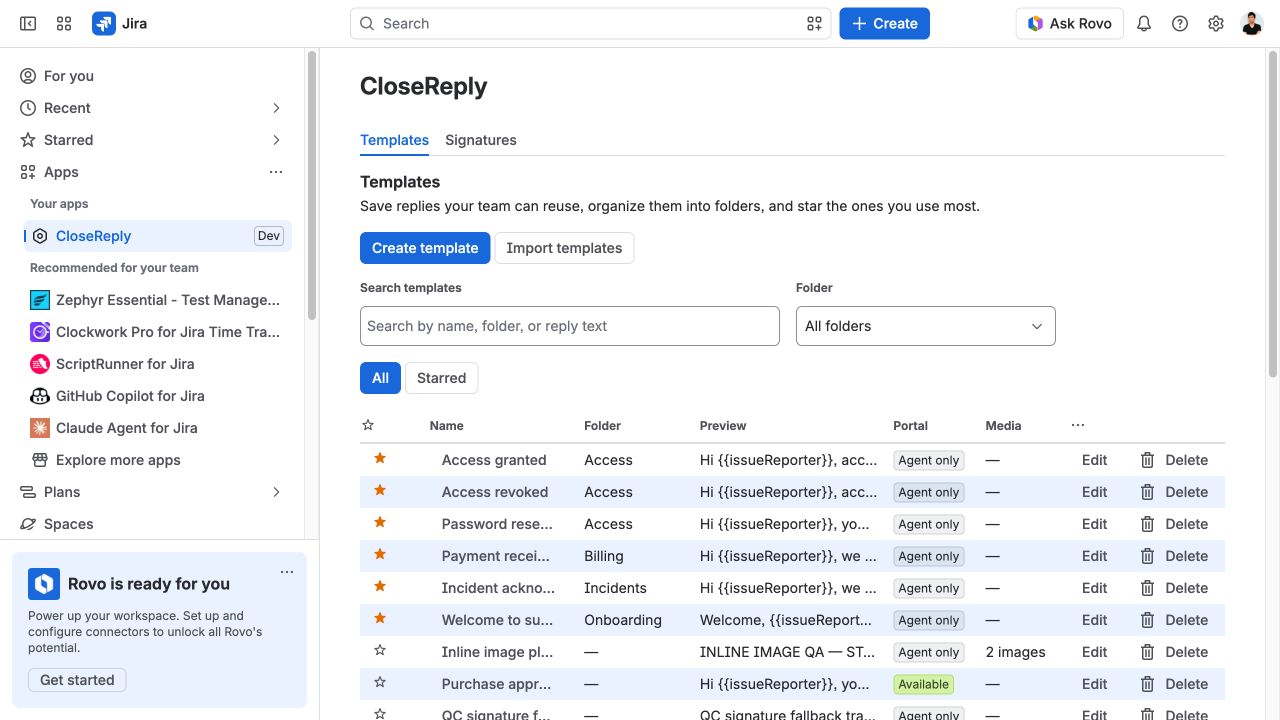 CloseReply Templates page with search, a folder filter, starred replies, and a readable table